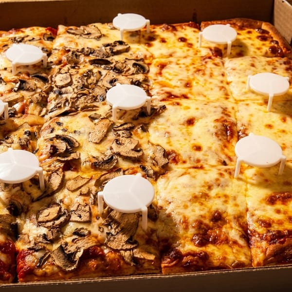 A rectangular pizza in a box, half with mushrooms and half plain cheese, with pizza savers.