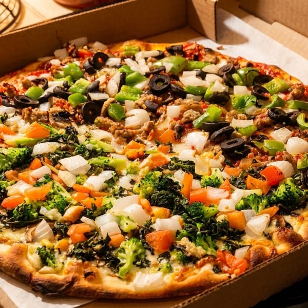 A large pizza in a cardboard box, half with meat and olives, half with broccoli and vegetables.