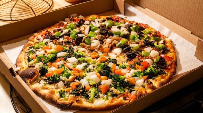 A large pizza in a cardboard box, half topped with meat and olives, half with vegetables.