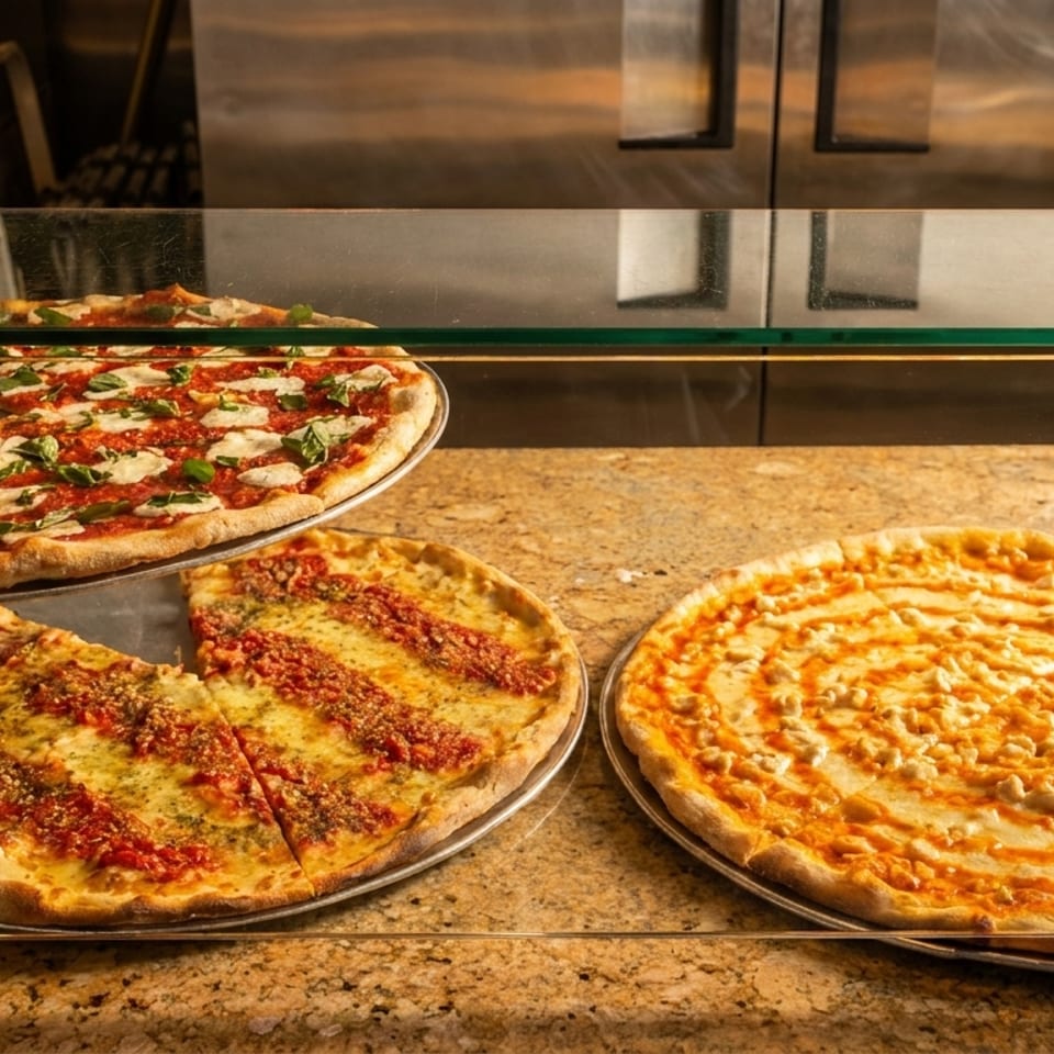 Three large pizzas, including Margherita and Sicilian, displayed under a glass counter.